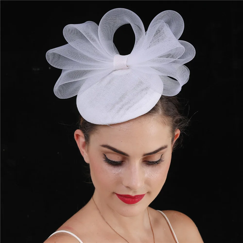 White Bow Fashion Fasciantor Hat Hairpin For Elegant Women Wedding Headwear Cocktail Party Headpiece Bride Hair Accessories