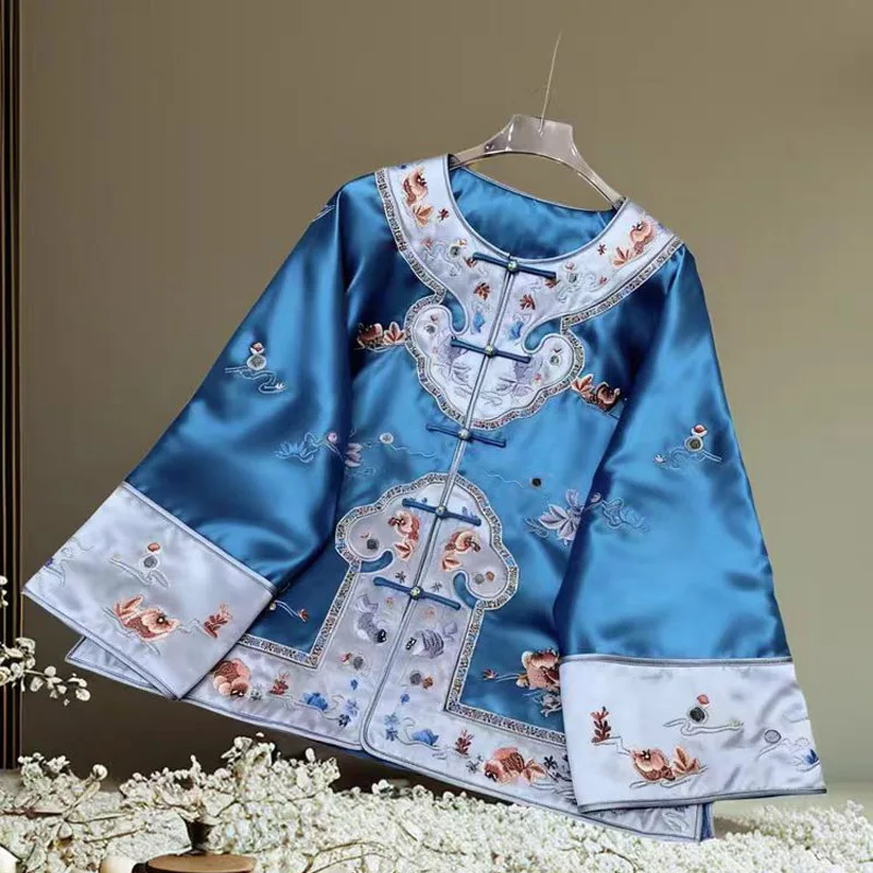 

High-end Winter Warm Coat New Chinese Style Stand Collar Acetate Women Loose Coat Elegant Embroidery Flowers S-XXL