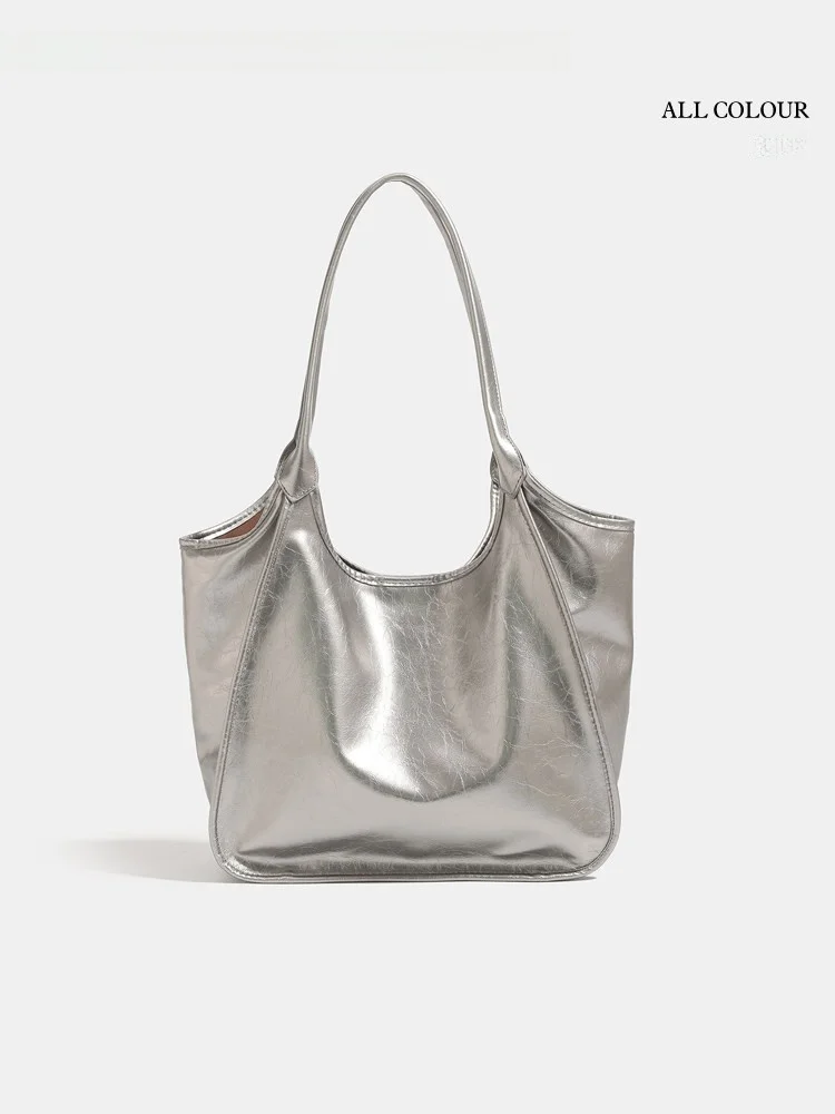 UR Casual Minimalist Silver Single Shoulder Tote Bag Women's New 2026 Large Capacity Commuter Armpit Bag Fashionable Polyeste...