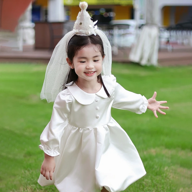 

New Baby Girls Stage Performance Dress Kid Korean Style Silky Birthday Dress Child Party Skirt Princess Evening Dress Size 1-7Y