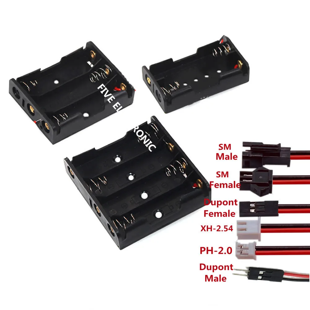 

1x2x3x4 AA/AAA/18650 Battery Holder/Support with PH-2.0 XH-2.54 Dupont 1P 2P SM Male Female Plug Terminal Leadwire