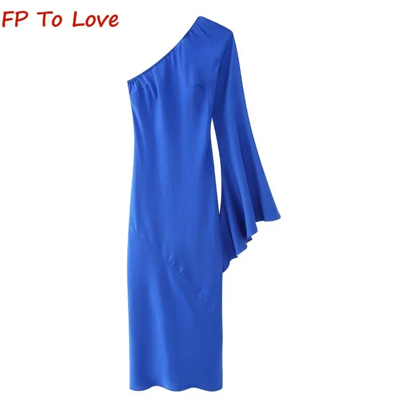 

Y2K 2023 Autumn Dresses Slant Neck One Side Sleeve Wrap Hip Dress PB&ZA Woman Sexy Blue Flared Long Sleeve Asymmetric Frock