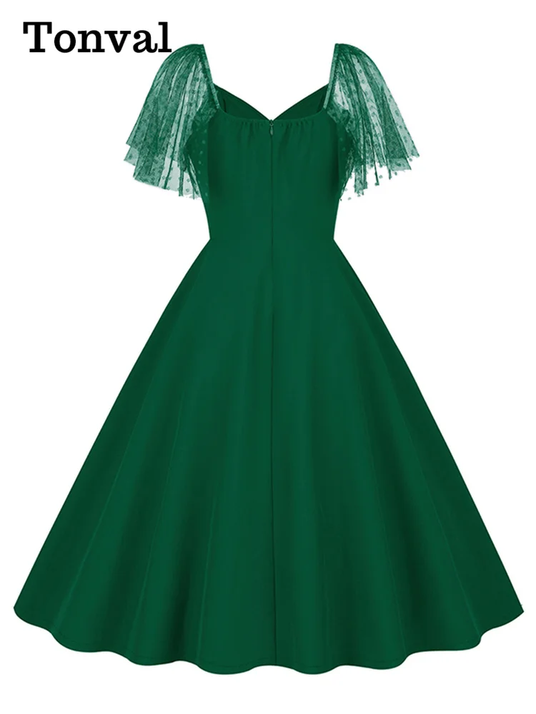 Tonval Elegant Green Plain Birthday Summer Dress V-Neck Mesh Sleeve Evening Cocktail Party Women Vintage Swing Dresses