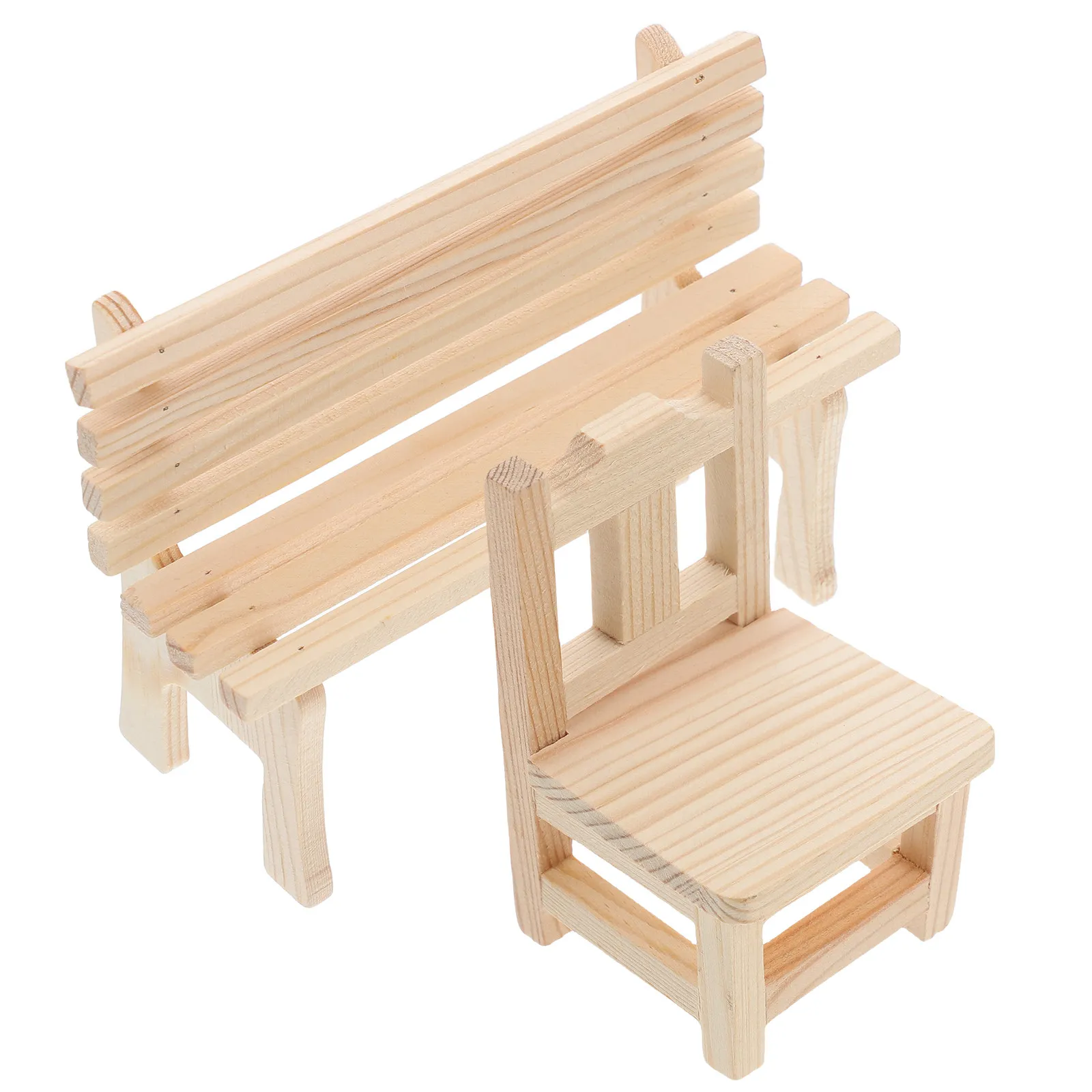 2Pcs Miniature Wooden Bench Chairs Set Small Dollhouse Seating Garden Living Room Kitchen Accessories Park Bench