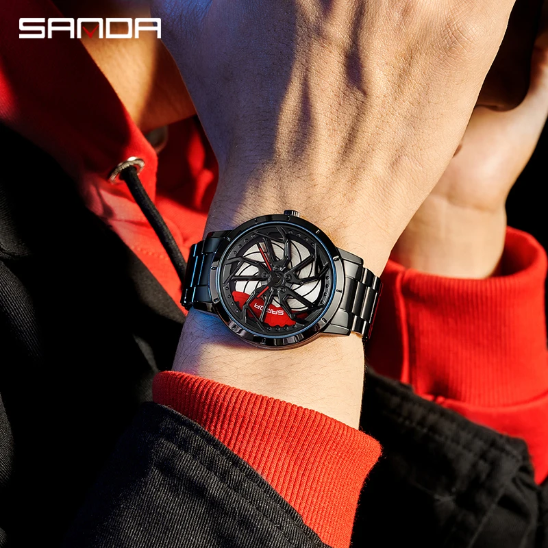 SANDA P1086 2023 new Fashion Hub Custom Design Sports Car Rim Waterproof Creative Male Watches Mens Wheel Quartz Wristwatches