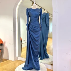 Ciynsia Blue Long Sleeve Musilm Evening Dresses Mermaid O-Neck Satin Dubai Arabic Formal Gown Prom vestidos elegantes para mujer