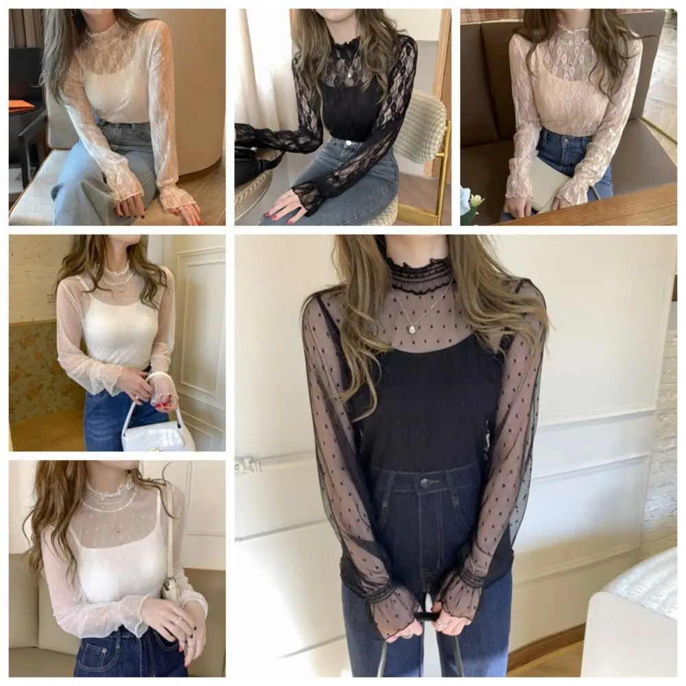 

Korean Style Half High Collar Lace Flower Top See Through Blouse Transparent Pullover Top Dot Streetwear Beach Shirts Streetwear