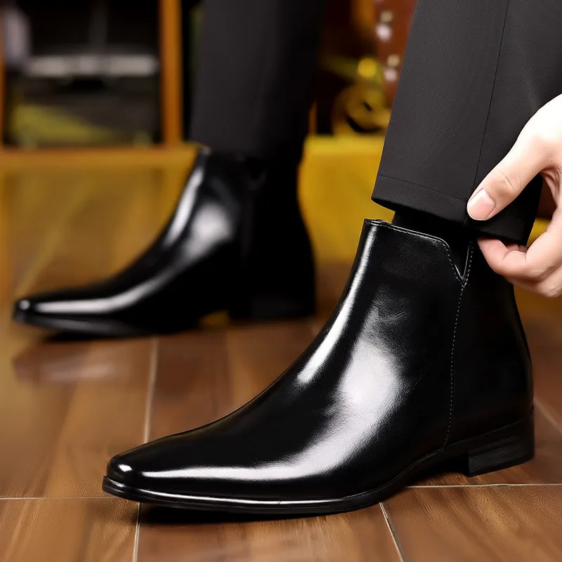 Plus Size 48 Mens Pointed Toe Chelsea Boots Side Zipper Breathable Comfortable High Top Leather Ankle Boots Western Cowboy Style