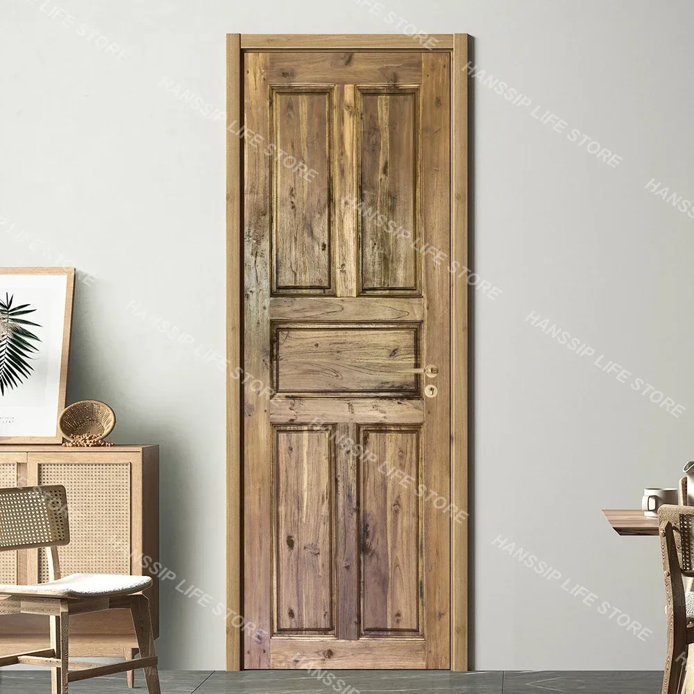 3D Realistic Wooden Pattern Door Sticker Self Adhesive PVC Vintage Oriental Full Door Wrap Mural