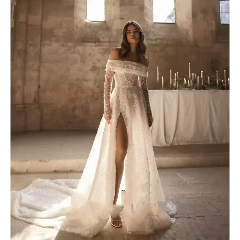 ONELIFE Abito da sposa a trapezio a maniche lunghe con spalle scoperte Abito da sposa con perline Abito da sposa principessa personalizzato Vestido de Noiva