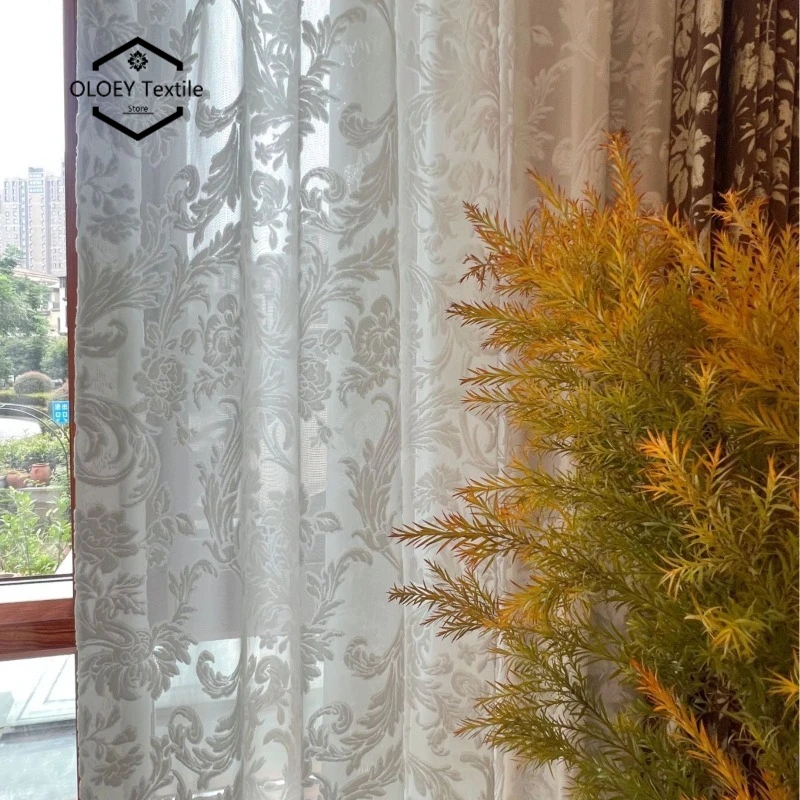 

French Vintage European Peacock Flower Window Sheer 3D Embossed Velvet Curtain for Living Room Balcony High-end Window Curtain