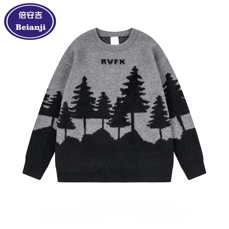 Beianji men's knitwear trend brand vintage forest jacquard round neck winter American casual loose sweater