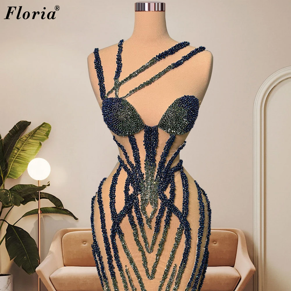 Fully Handmade Beaded Prom Dresses For Women 2023 Illusion One Shoulder Evening Dress Feathers Celebrity Gown Vestidos De Noche