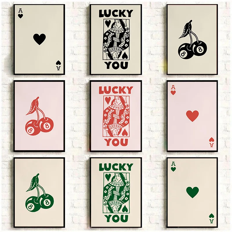 Retro Colorful Trendy Lucky You Canvas Poster Queen of Hearts Ace Card Cherry Ball Prints Funky Wall Pictures Home Room Decor