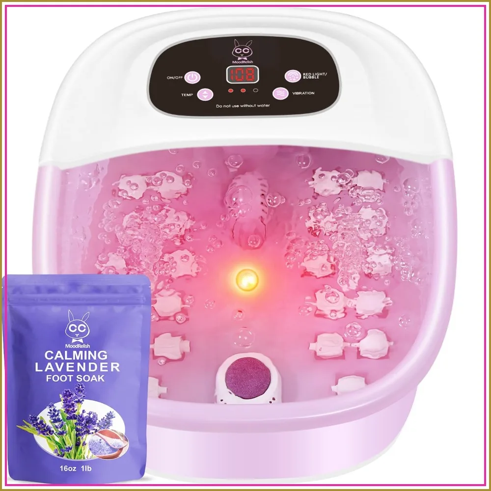 Foot Spa Massager - Heat, Bubbles, Vibration, Jets, Red Light, 22 Rollers, Adjustable Temp, Pink