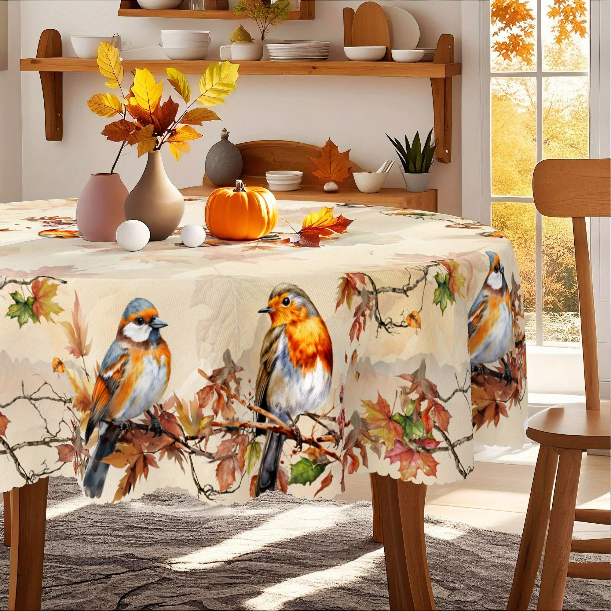 Autumn tablecloth, featuring elegant maple leaf and floral bird patterns, in a retro watercolor style.,kdj