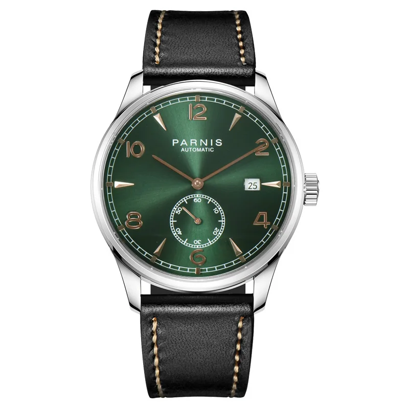 New Arrival Parnis 41.5mm Green Dial Mechanical Automatic Men's Watches Leather Strap Luxury Waterproof Man Watch reloj hombre