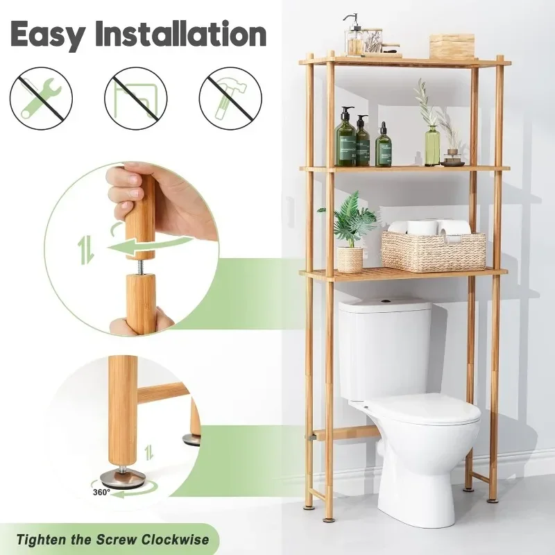 -Over The Toilet Storage Shelf Bamboo, 3-Tier Over Toilet Organizer Rack, Freestanding Above Toilet Shelf For Bathroom, Laundry