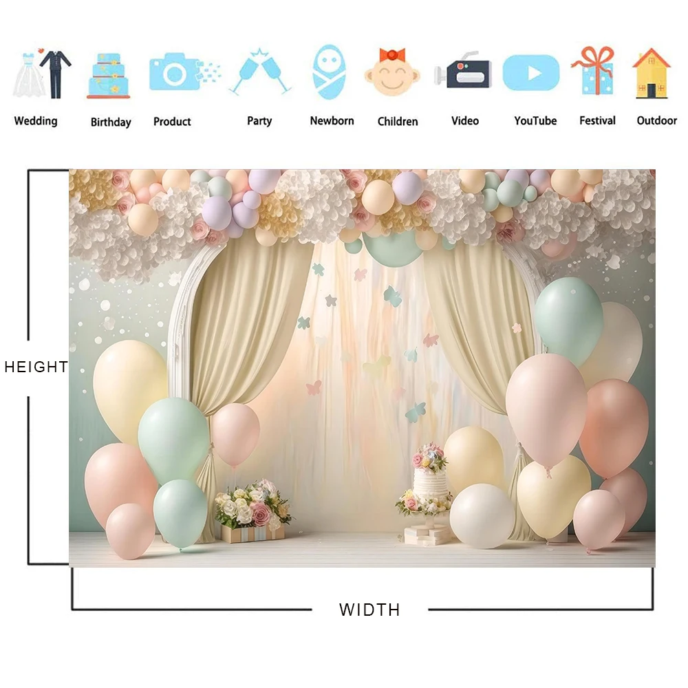 Girl Boy 1st Birthday Party Backdrop Arched Door Colorful Balloon Newborn Baby Shower Cake Smash Wedding Party Background