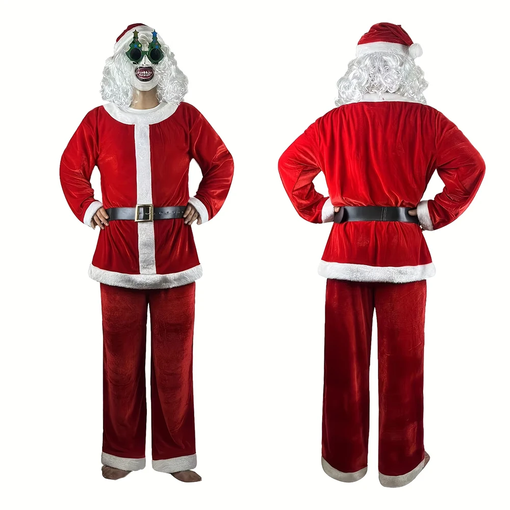 

Santa Claus Cosplay Costume Christmas Halloween Scary White Hair Clown Santa Props Tops Pants Belt Hat Glasses Mask Full Set