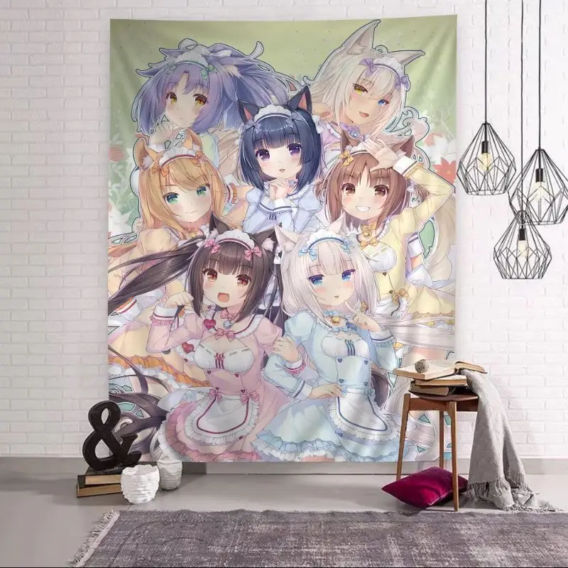 VIKAMA Anime Cat Ear Maid Girls Tapestry Wall Hanging Japanese Kimono Tea Party Cartoon Aesthetic Wall Art Bedroom Dorm Decor