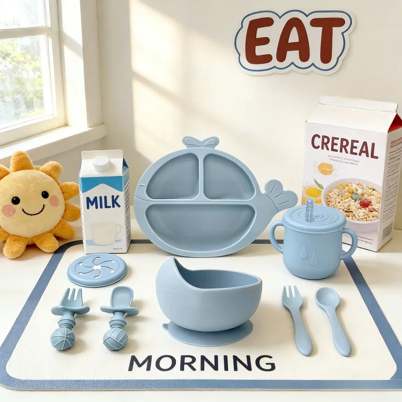 

Детская силиконовая тарелка с китовой присоской, разделенная тарелка, нескользящая детская миска для кормления, посуда для малышей
