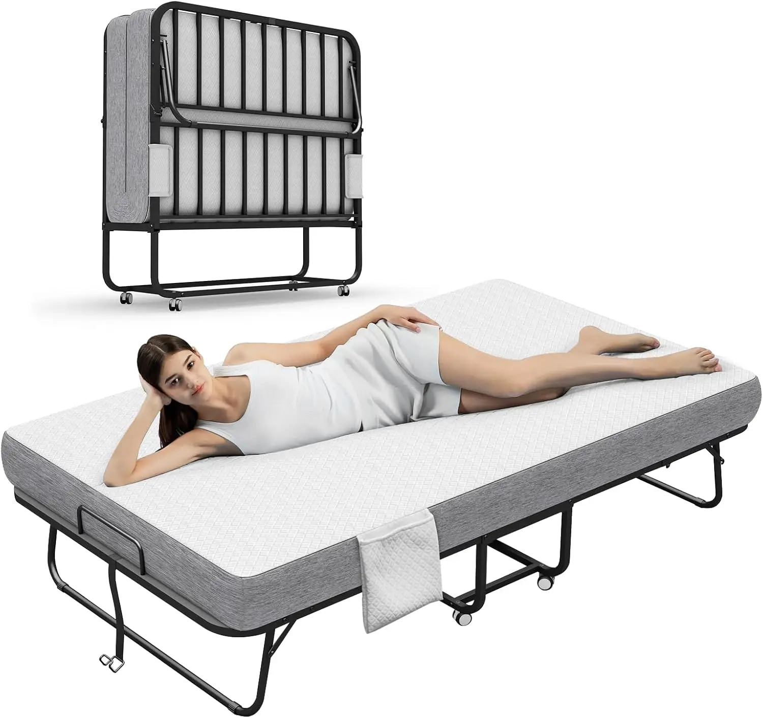 

Large Folding Bed with Mattress, 75‘’x46‘’ RollAway Bed for Guest, Extra Wide and Comfortable Sleep