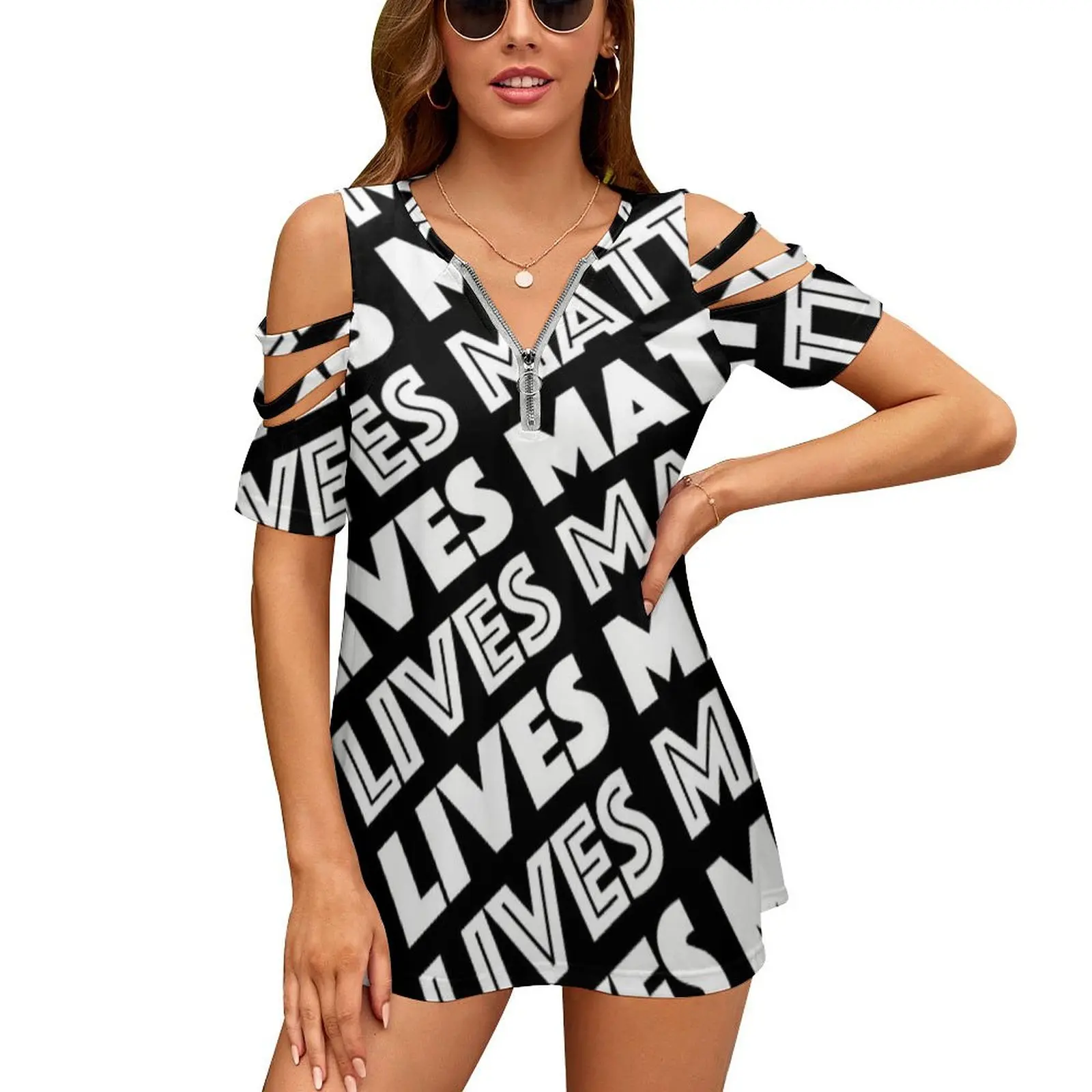 Black Lives Matter Print 4 New Fashion Zip Off Shoulder Top Short-Sleeve Women Shirt Black Lives Matter Blm Black Rights Rights