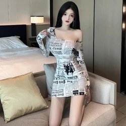 Pure sexy sexy newspaper print chic slim fit long sleeve tight dress
