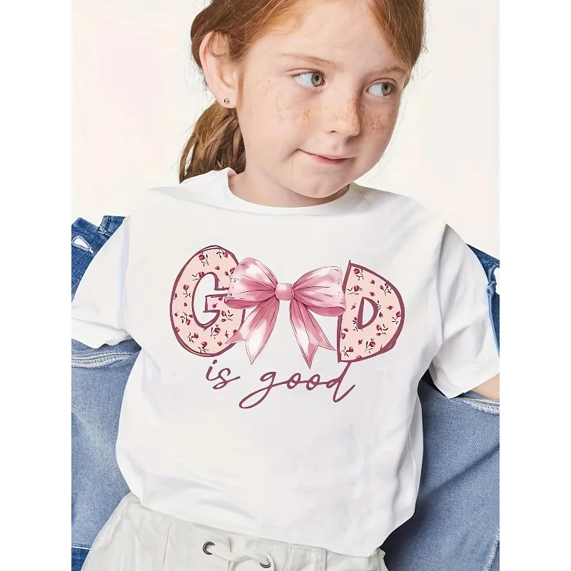 

Summer Casual Children Wear Lightweight Casual Graphic Tee "God Is Good" Pink Bow Short Sleeve Round Neck Comfortable Top