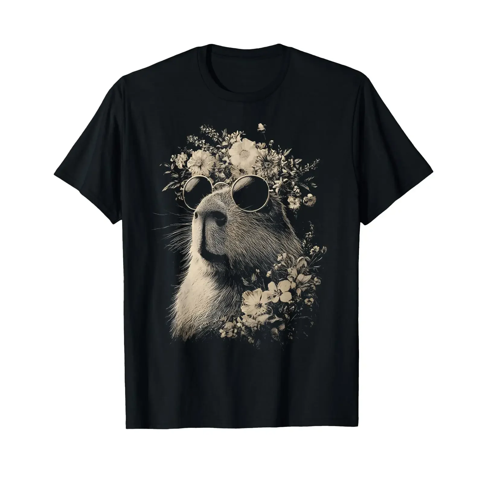 Vintage Capybara with Sunglasses Floral Crown Boho Animal T Shirt vintage Washed Casual designer clothes Versatile Soft