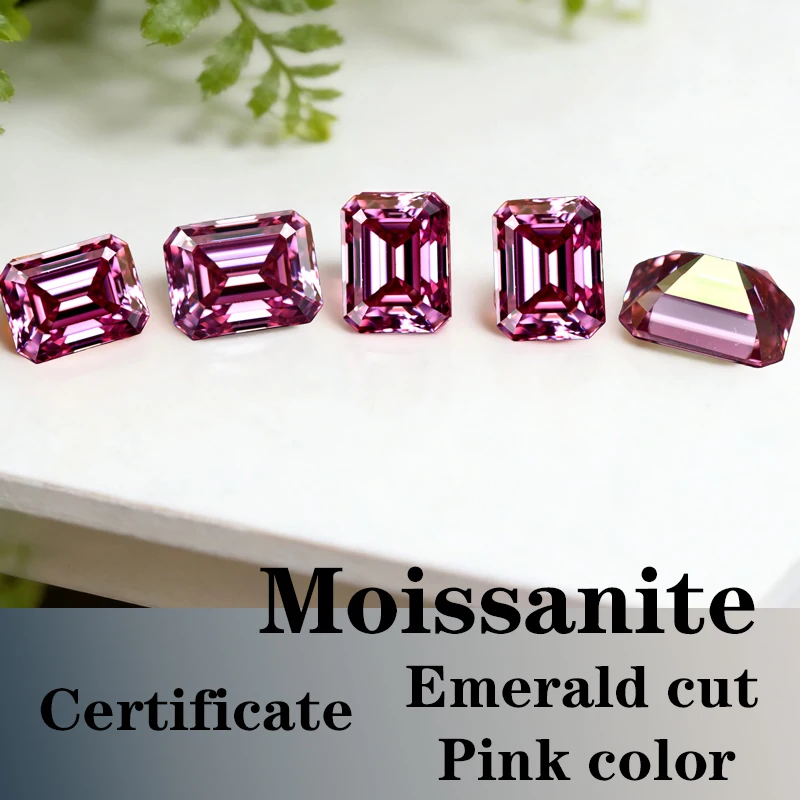 

Moissanite Stone VVS1 Emerald Cut Pink Color Certificate Synthetic Gemstone