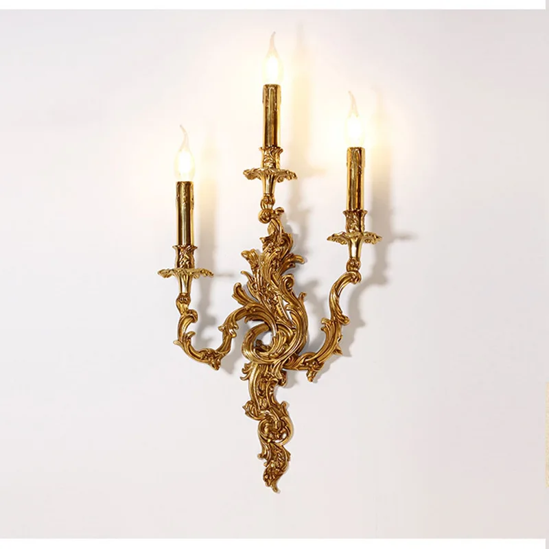 

American Luxury All Copper Carving LED Wall Lamps Multi-head Candle Lights Living Room Bedroom Restaurant Corridor Retro Sconces
