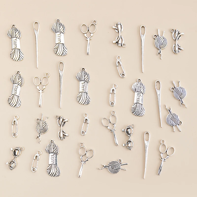 31pcs/lot Mixed Tibetan Silver Color Wool Yarn Ball Needle Charms Pendants DIY Necklace Bracelet For Jewelry Making Accessories