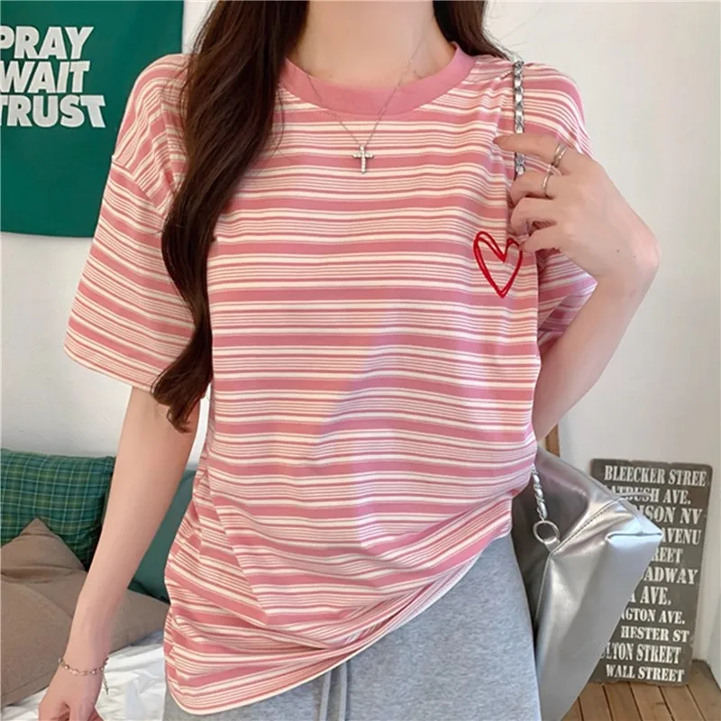 Cartoon Stripe Short Sleeve T-Shirt Women's Loose Fit Summer Vintage American Style Polyester Spandex Casual round Neck Top