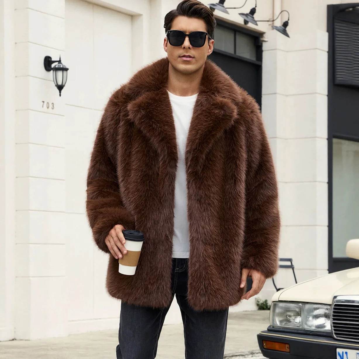 Chaquetas de piel sintética para hombre, con cuello abatible, de largo medio, manga larga, gruesas y cálidas, ideales para el trabajo, estilo Y2K, ropa urbana, para otoño e invierno.