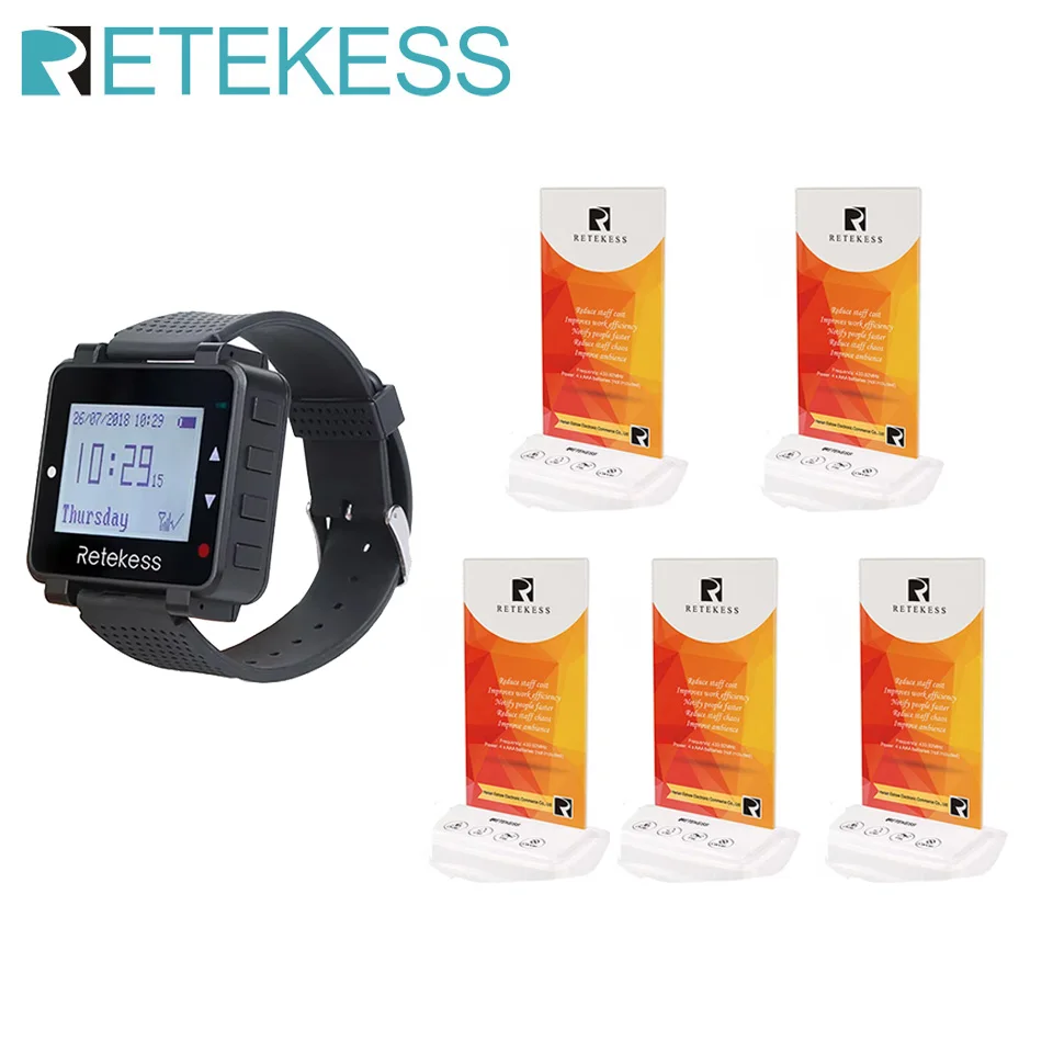 Retekess Wireless Table Card Pager T128 Watch 5 Pcs TD001 Four Key Transmitter Button For Bar Dine Chains Service Paging System