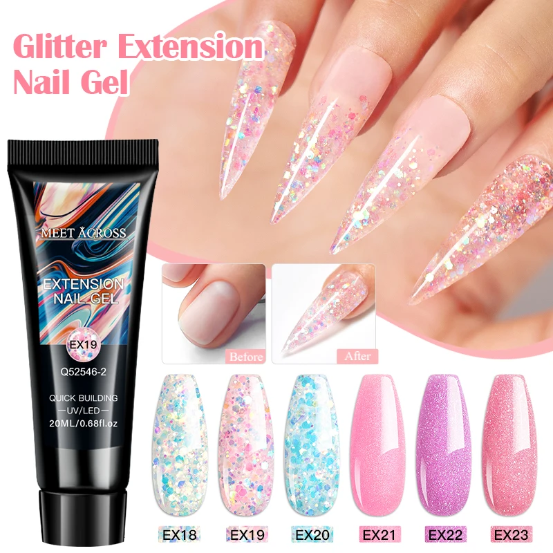 MEET ACROSS 20ml Builder Gel Glitter Sequins Gel For Extension Semis Permanent UV Gel For Manicure Nail Art nails accessories