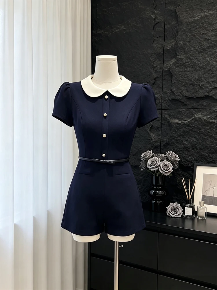 

Elegant Bubble Sleeve Jumpsuit Women's High Waist Short Pants Slimming Effect Luxury Feel Commute Style Straight Cut