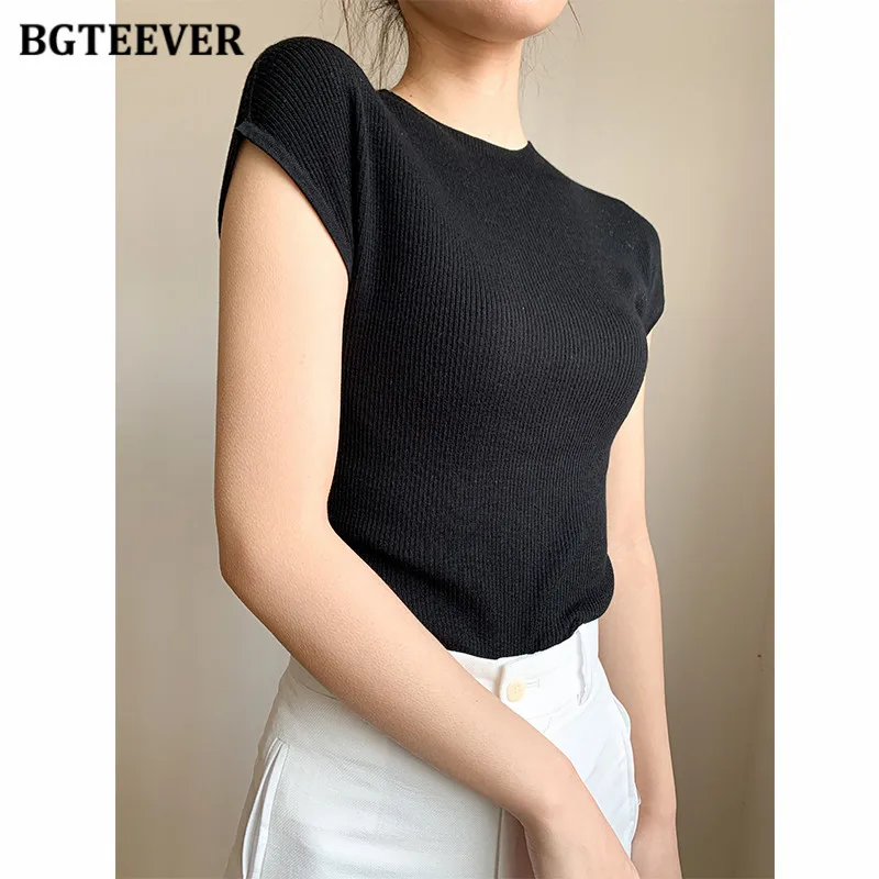 BGTEEVER estate elegante o-collo allungato FemaleT-camicie manica corta Slim donna pullover lavorati a maglia Tees Casual Ladies Tops