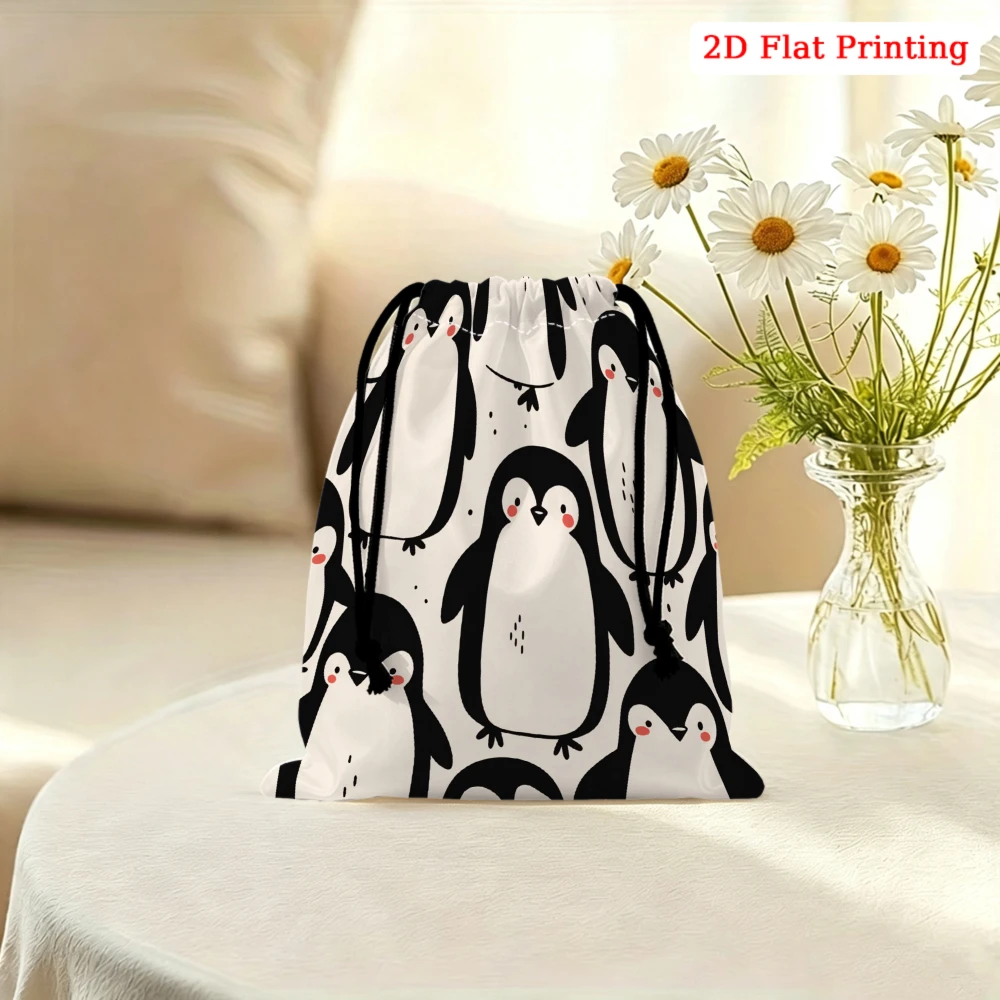 1pc Cartoon Penguin Drawstring Bag Black And White 2d Flat Printing Storage Small Pouch For Glasses Cosmetics Travel Organizer P