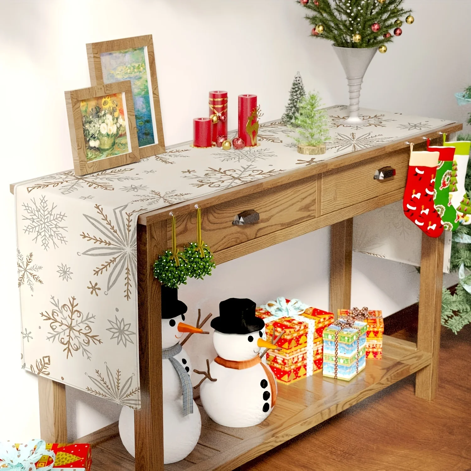 1pc Christmas Winter Table Runner Elegant Snowflake Branch Pattern Durable Rectangular Tablecloth for Dining Enhances Atmosphere