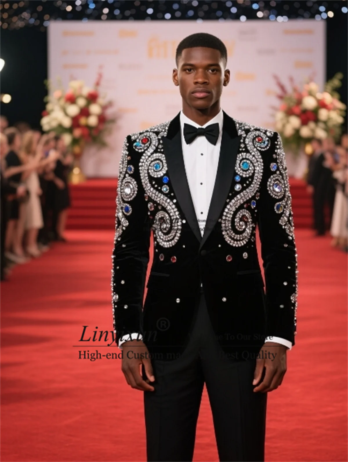 

Fashion Velvet Men Suits 2 Pieces Sets Party Prom Blazer Business Male Groom Tuxedos Customized Beaded Crystals Costume Homme