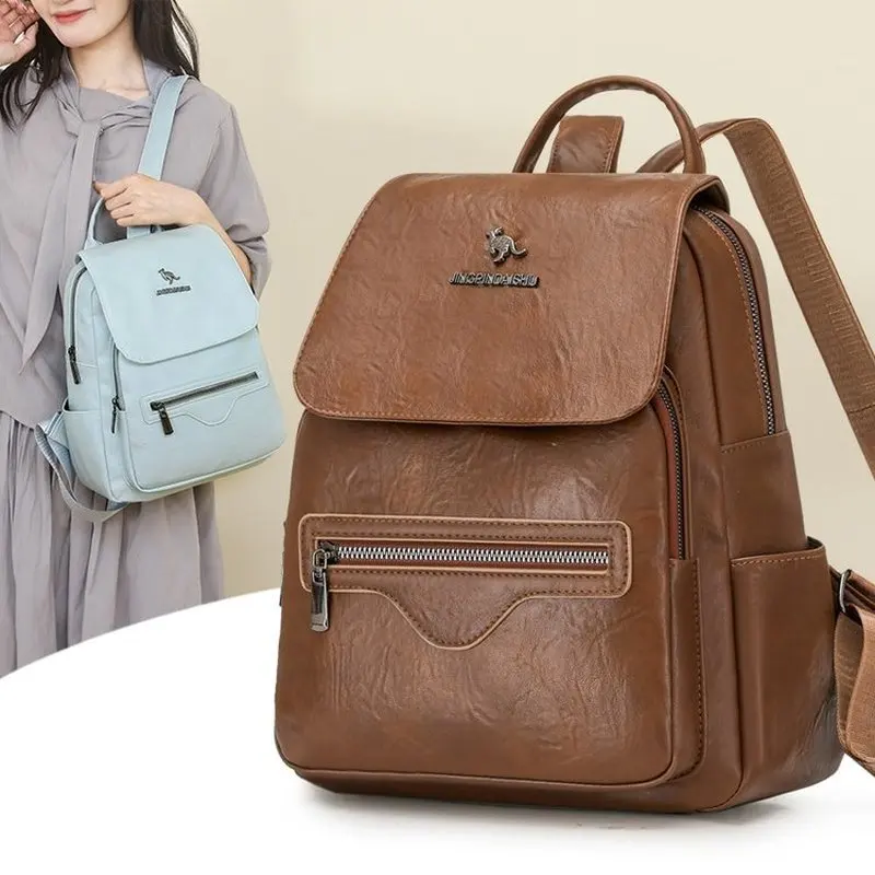 Fashion High-capacity Brand Backpack for Lady New Solid Color PU Leather Student School Bag Leisure Travel Women’s Shoulder Bags