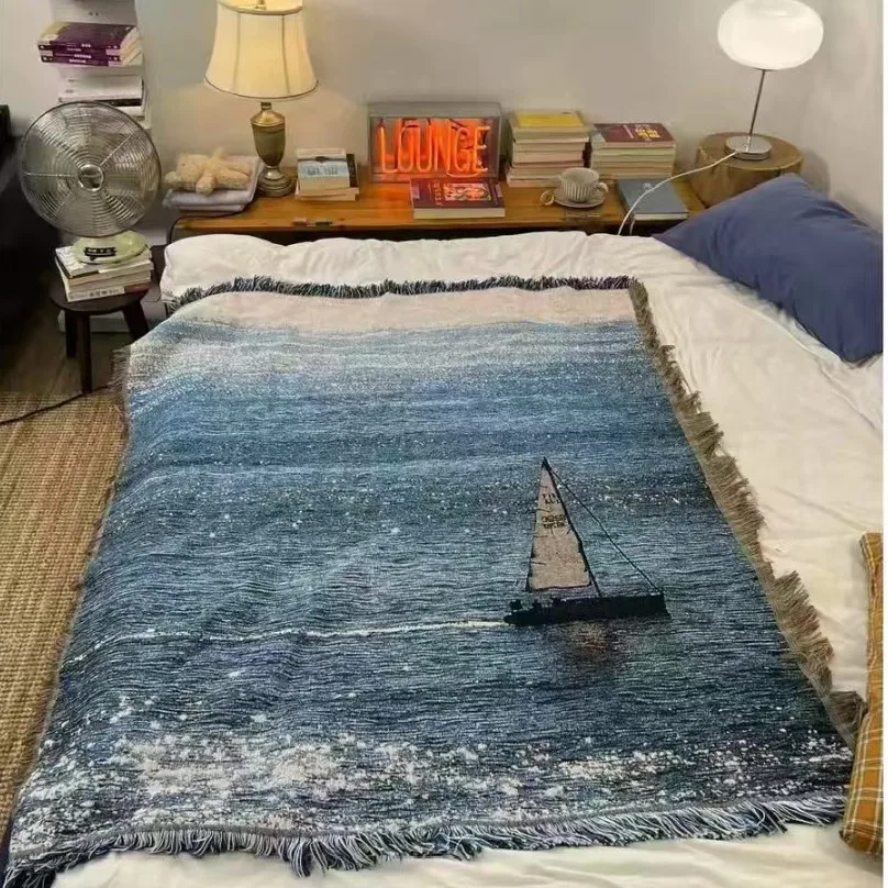 Smooth sailing ocean landscape knitted yarn blanket tapestry wall hanging decorative blanket sofa blanket bedspread