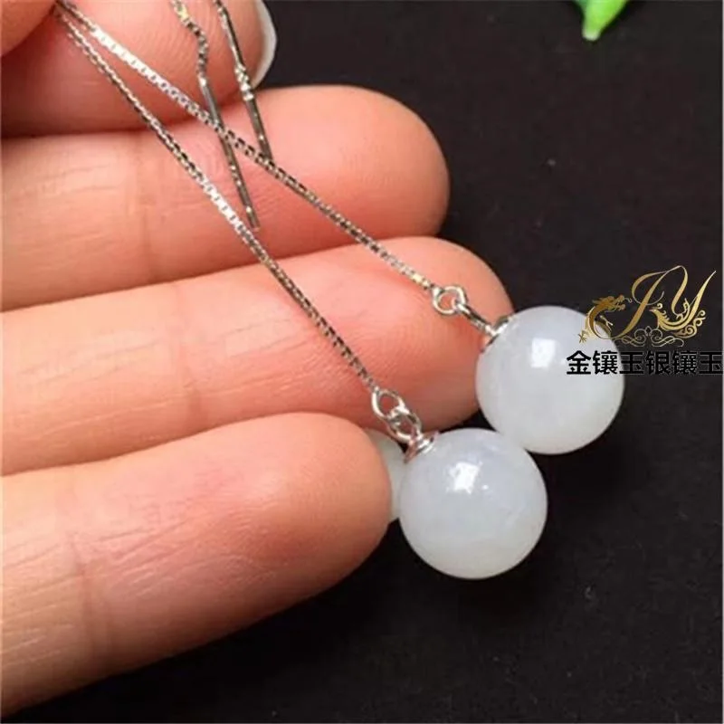 

S925 Sterling Silver Inlaid Hetian White Jade Round Beads Hanging Earrings