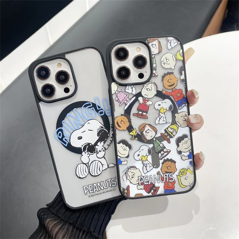 Comic S-Snoopy Art Magnetic Attraction Phone Case With Holder For iPhone 15 14 13 12 Pro Max Back Frosted Translucent Cover Case