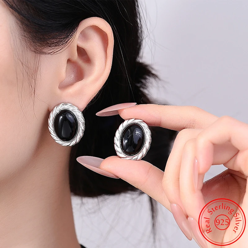

New Original Woman's Fashion Jewelry 925 Sterling Silver Natural Agate Round Stud Earrings FQL25143