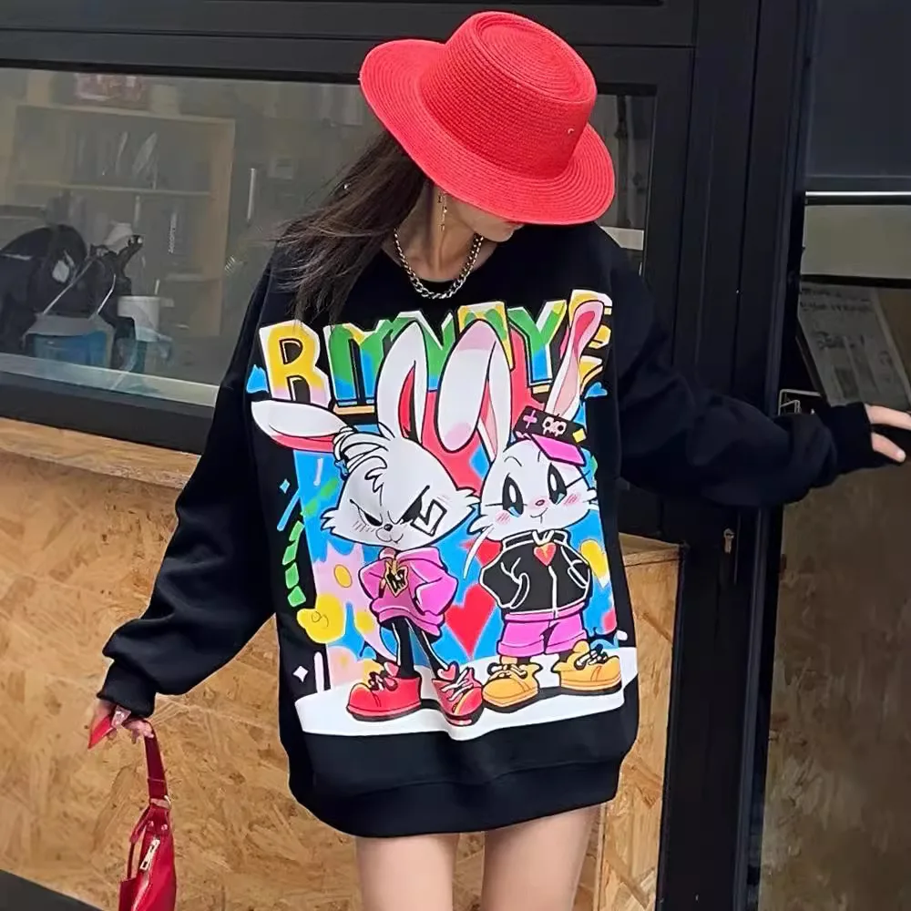 Casual Loose Graffiti Cartoon Printed Long Sleeve Hoodies Women 2024 Spring Autumn Mid-Length Round Neck Sweatshirts Female Top