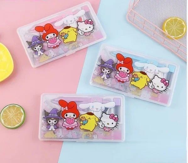 Cartoon Sanrio compasses ruler 7-piece set triangular plate protractor eraser stationery combination primary school student gift